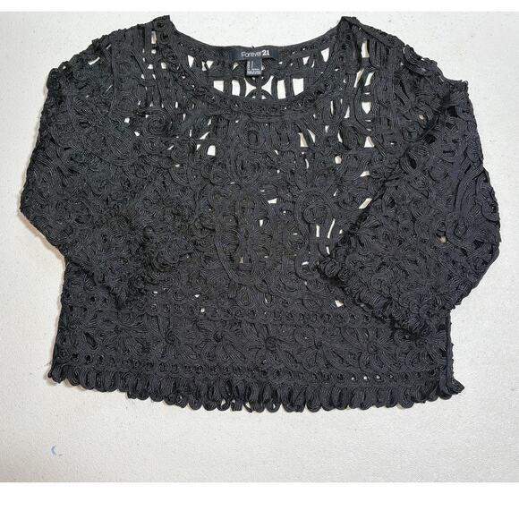 Forever 21 Women’s Crop Lace Top Black Size S Sheer Dressy Night Out EUC - Picture 4 of 6